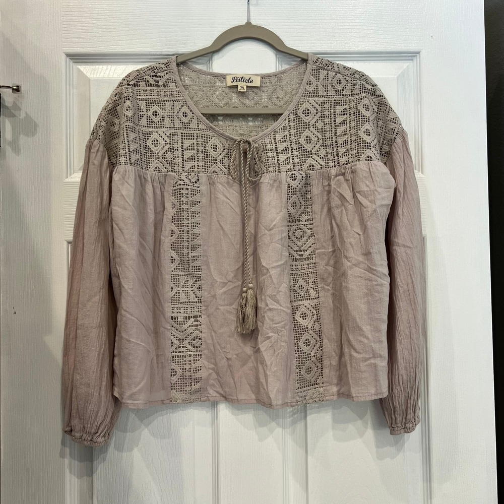 Listicle Blouse Cotton Gauze Crochet Lace Mauve Boho Lagenlook Cottagecore M